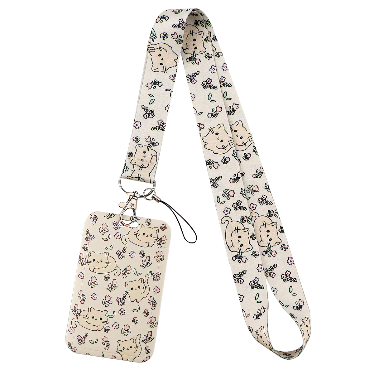 Cartoon Cat Lanyard Keychain Multifunction ID Card Badge Holder Camera USB Cell Phone Neck Strap Key Ring Accessories: Khaki
