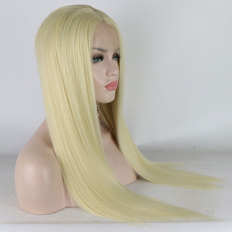 Bombshell Honey Blonde Yaki Straight Synthetic Lace Front Wig Glueless Heat Resistant Fiber Hair Middle Parting For Women Wigs