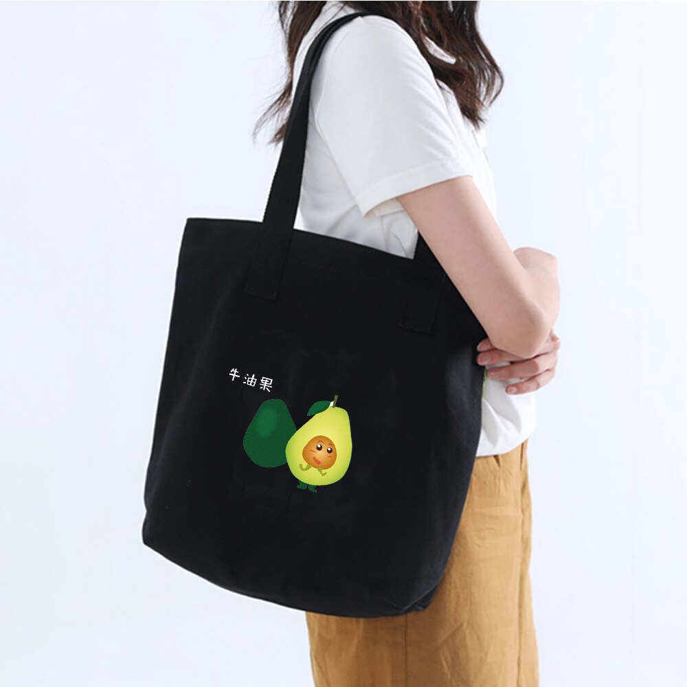 Cute Couple Avocado Print Large Capacity Canvas Tote Bag Cotton Cloth Reusable Shopping Bag Women Beach Handbags Shopping Bags: A203BLACK