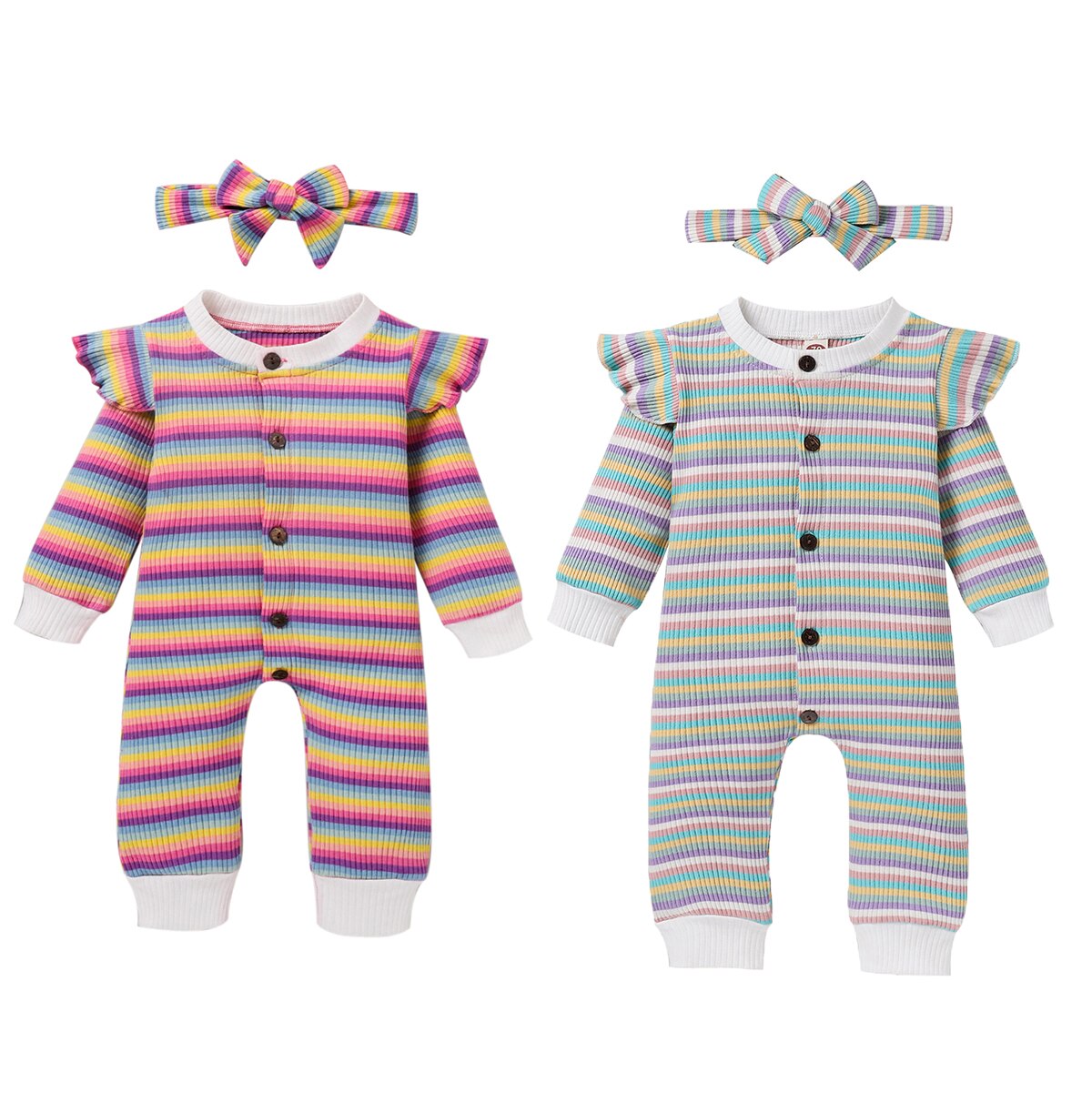 Newborn Baby Girl Boys Clothes Sets Autumn Colorful Striped Long Sleeve Ruffle Romper + Headband 2Pcs Clothes Set 0-18M