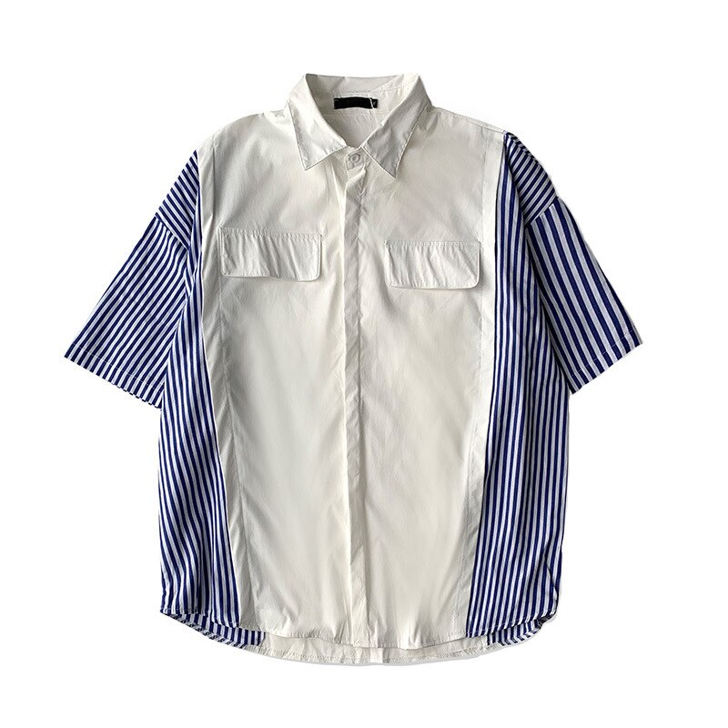 Listrado meia manga camisa masculina de grandes dimensões verão solto estilo coreano camisas masculino topo