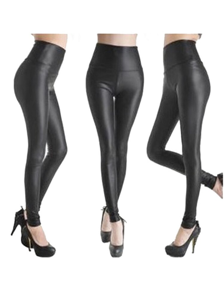 Cuhakci imiteret læder leggings kvinder sommer sexede bukser sorte slanke højtaljede skinnende blyantbukser