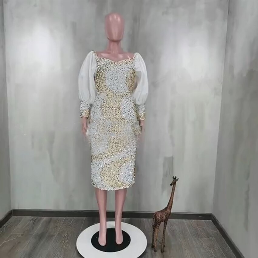 Style Classic African Women's Clothing Dashiki Stylish Lace Sequins Elastic Packet Buttock Party Lady Dresses