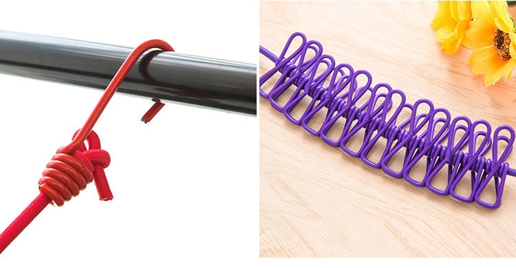 12 wasknijpers, draagbaar, buiten, reizen, kamperen, elastisch, met riem, waslijn, oprolbaar waslijntouw