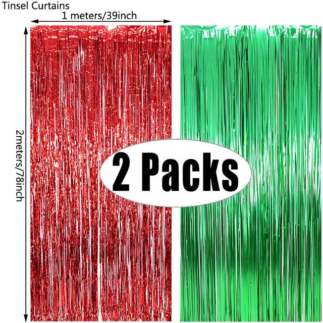 2Pack Kerst Party Achtergrond Decoratieve Gordijnen Metallic Folie Klatergoud Fringe Gordijn Kerst Verjaardagsfeestje Decoraties: red green