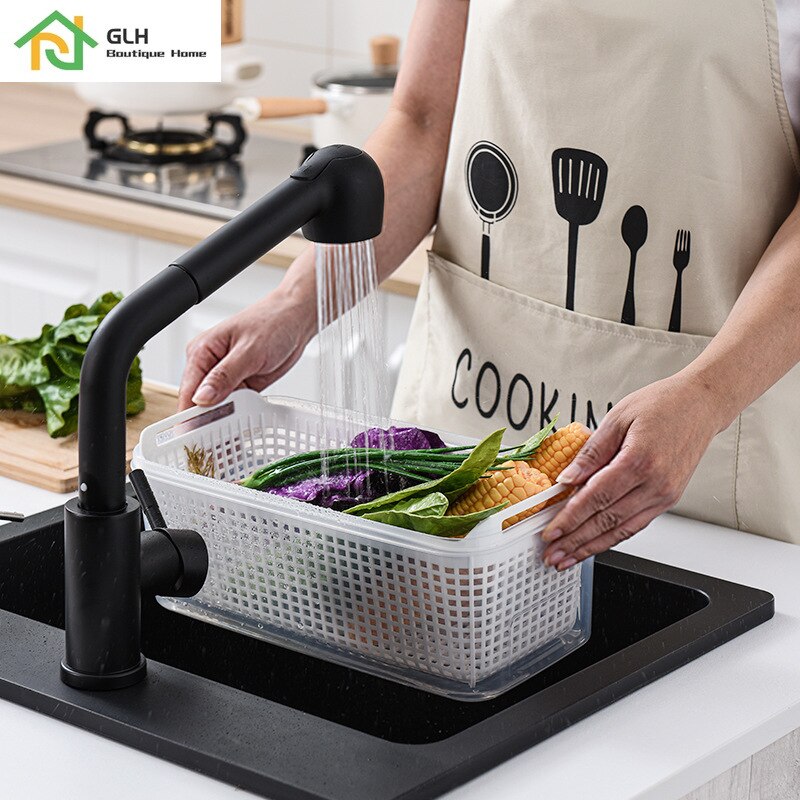 Japanese Plastic Double-Layer Drain Storage Box Rectangle Refrigerator Transparent Sealed Food Preservation Box