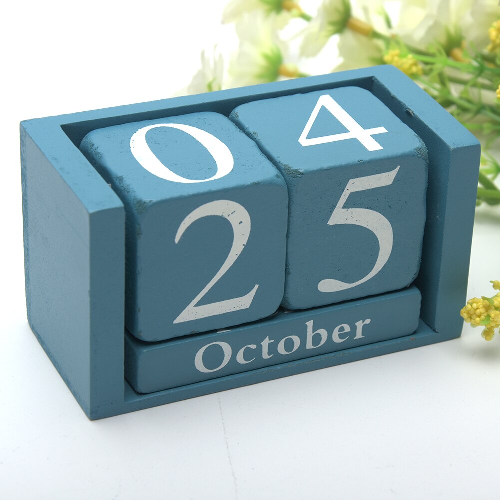Month Date Display Living Room Desktop Desk Decoration Home Office Decor Wood Calendar Wood Block Planner Reusable DIY: Blue
