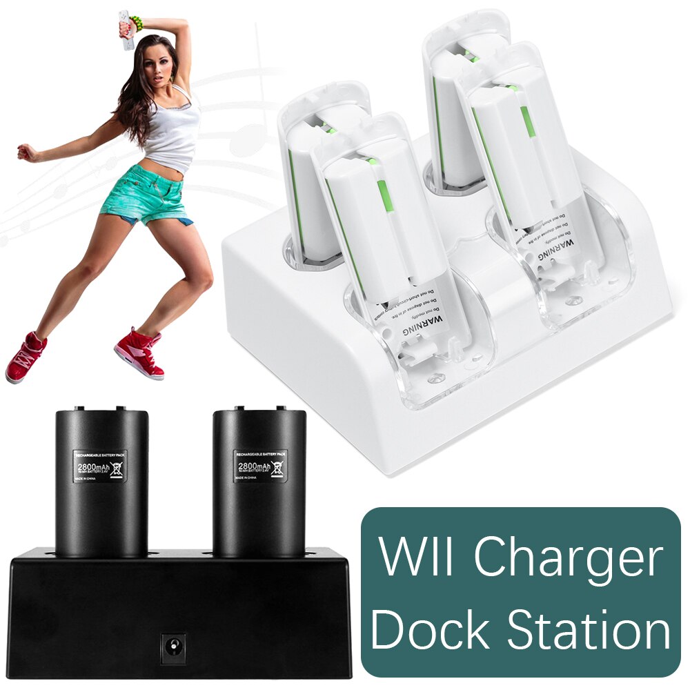 Draagbaar oplaadstation, oplaadstation met 4 oplaadbare batterijen voor de nintendo wii-afstandsbediening en gamingaccessoires