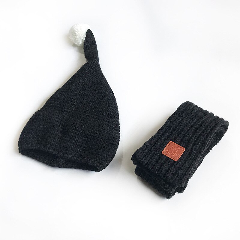 Vinter baby låve gutt jenter fast caps skjerf varm ull strikket søt ballhue + lue skjerf 2 stk / sett låve hals varmere lokk: Svart