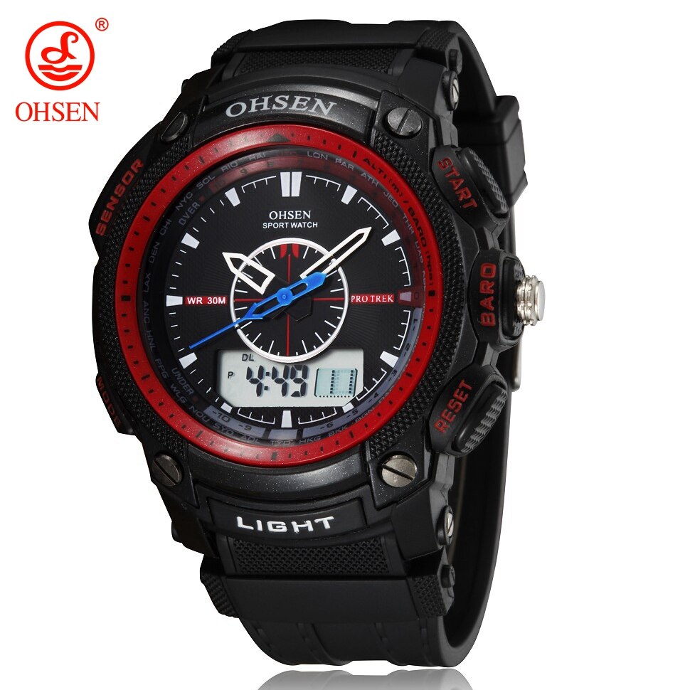 Ohsen Digitale Quartz Heren Mode Horloges Mannelijke Rubber Band Zilver Lcd Waterdichte Sport Cool Horloges Relogio Masculino: Red Watch