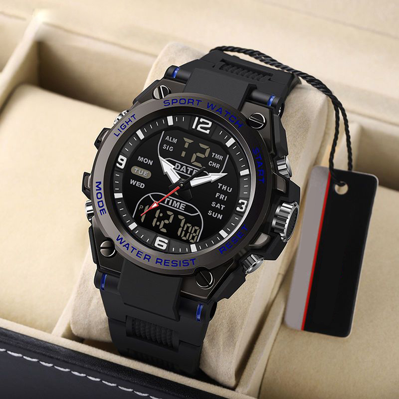 Reloj de pulsera de para hombre, reloj deportivo juvenil multifuncional de , reloj electrónico de doble pantalla: Azul