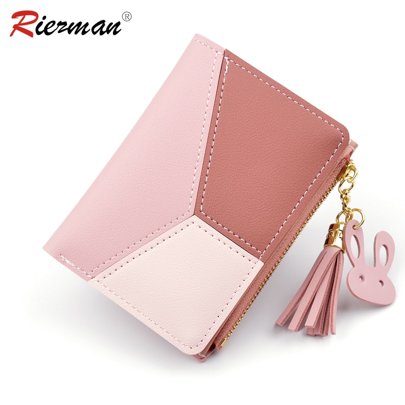 RIEZMAN Geometric Patchwork Wallet Short Women Wallets Zipper Purse Casual Coin Purse Card Holder Pocket Clutch Bag