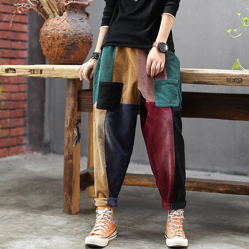 Pantalones Retro de pana para mujer, pantalón informal, holgado, con bolsillo y cintura elástica, estilo harén Vintage, TA2163, otoño e invierno,: Default Title