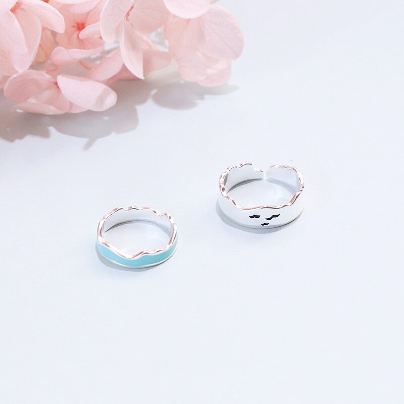 Sole Memory Ends Earth Seagull artesanía esmaltada Sky Ola Azul Plata de Ley 925 mujer Apertura de tamaño variable pareja anillos SRI576