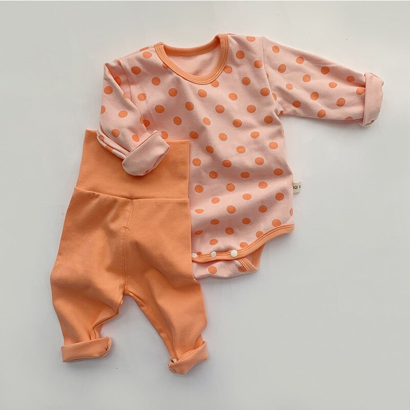 Barboteuse à manches longues pour -né fille, barboteuse à pois + pantalon taille haute, pyjama pour enfant, 2 pièces, Style coréen, automne: Orange / 3M