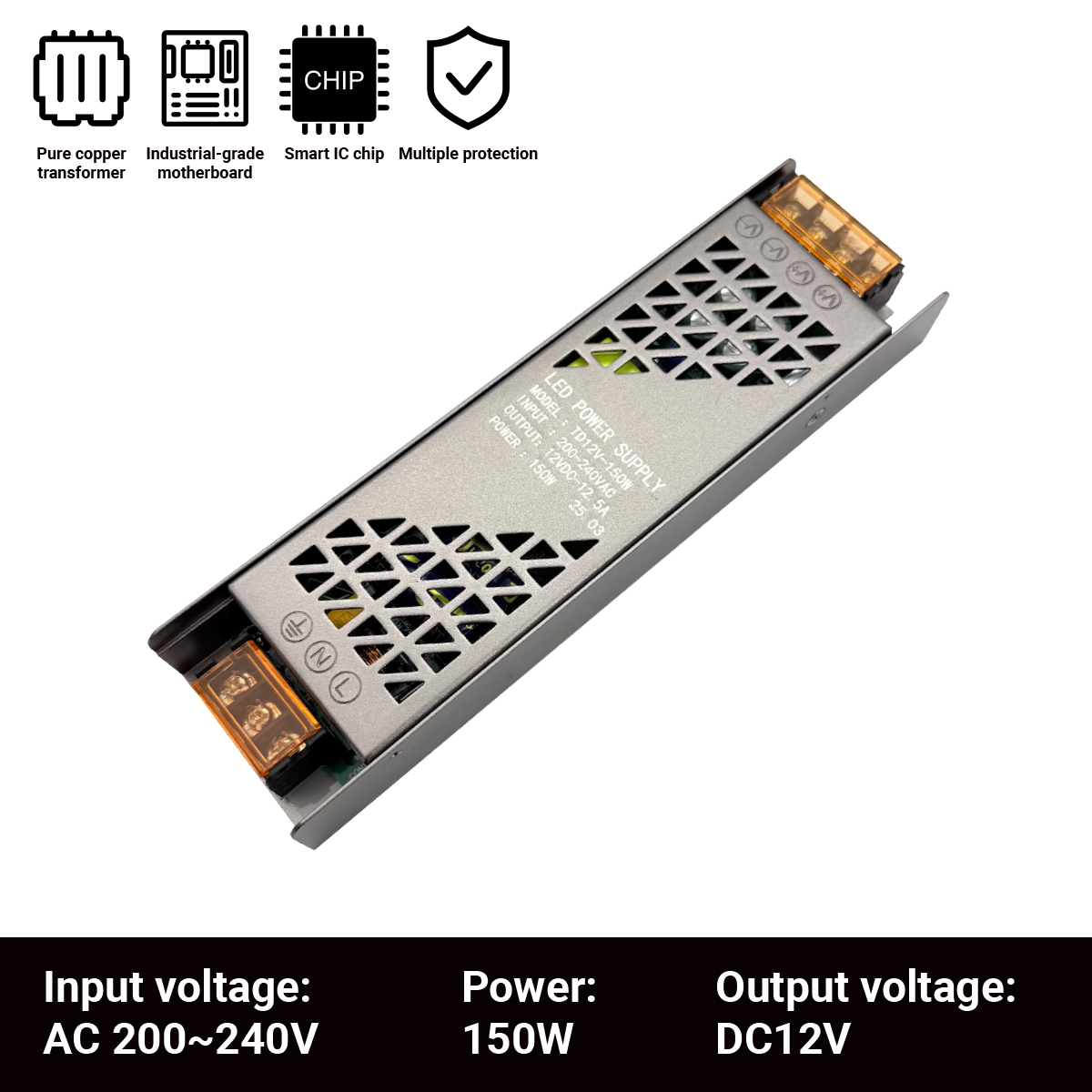 Ultradünner Treiber für LED-Streifen, Konstantspannungs-Netzteil, DC 12 V/24 V, Beleuchtungstransformatoren, Mini60 W, 100 W, 150 W, 200 W, 300 W, 400 W: Silber