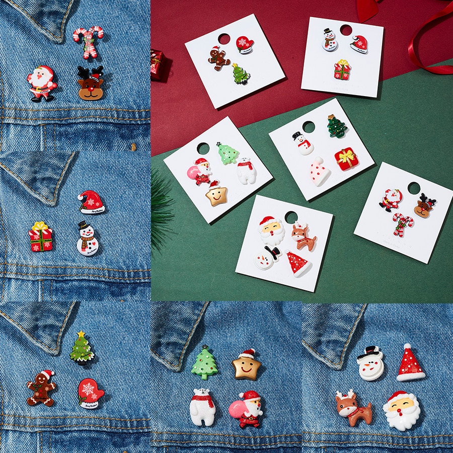 Trendy Christmas Brooch Set with Paper Card Santa Claus Crutches Elk Acrylic Snowman Hat Christmas Brooch Badges Pins for Women