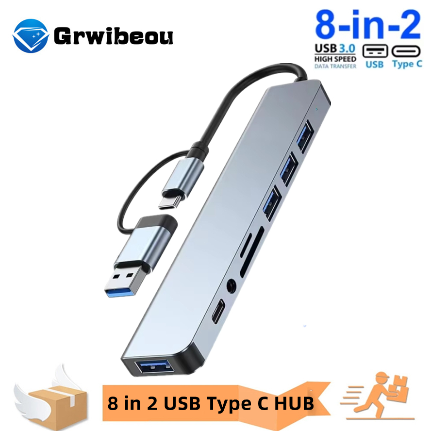 8 in stații de andocare hub usb tip c cu 3.5mm adaptoare jack audio cititor 2 carduri micro sd laptop tabletă telefon convertor disc