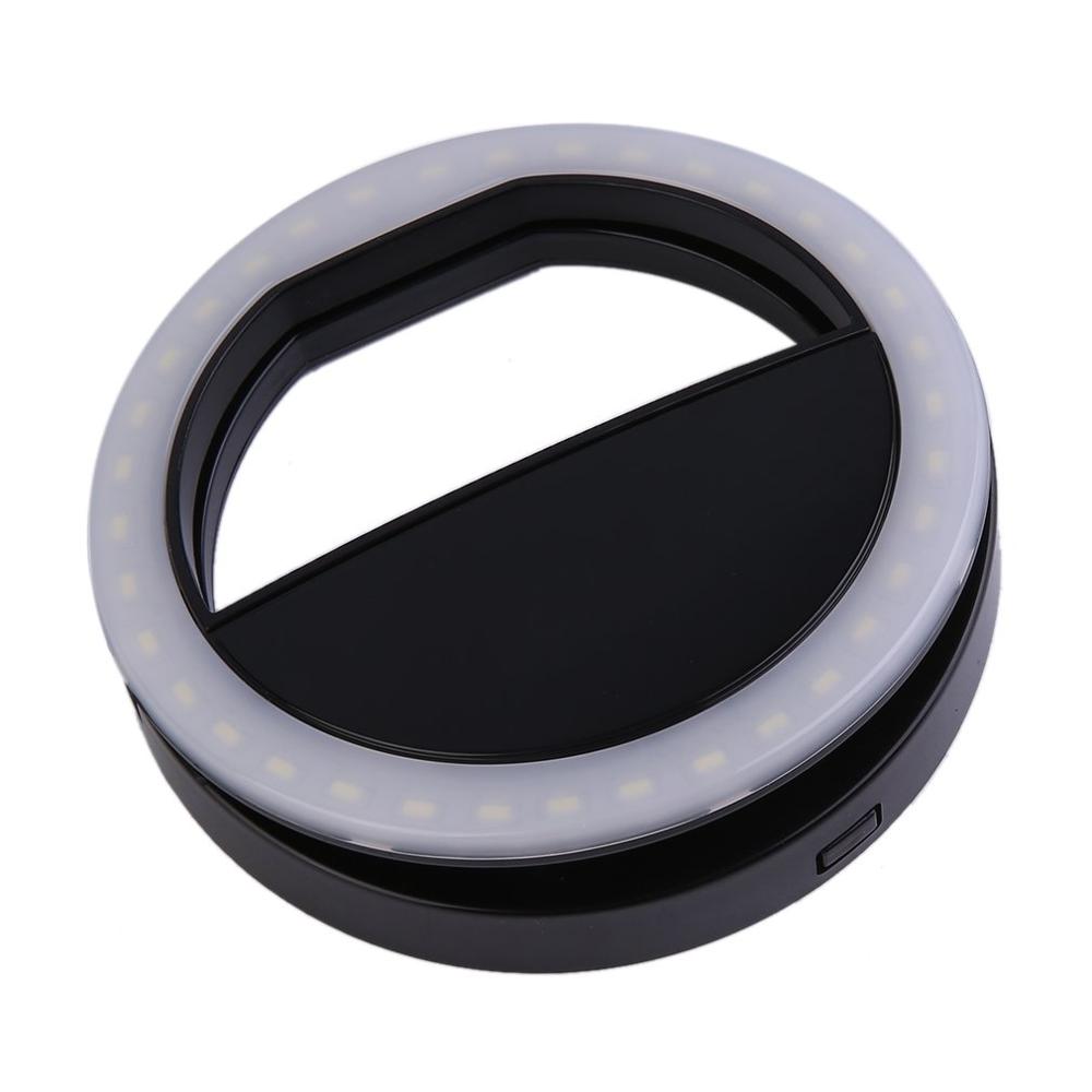 Clip de luz de teléfono móvil Selfie LED Flash automático para Teléfono Celular Smartphone redondo portátil linterna de Selfie espejo de maquillaje: black
