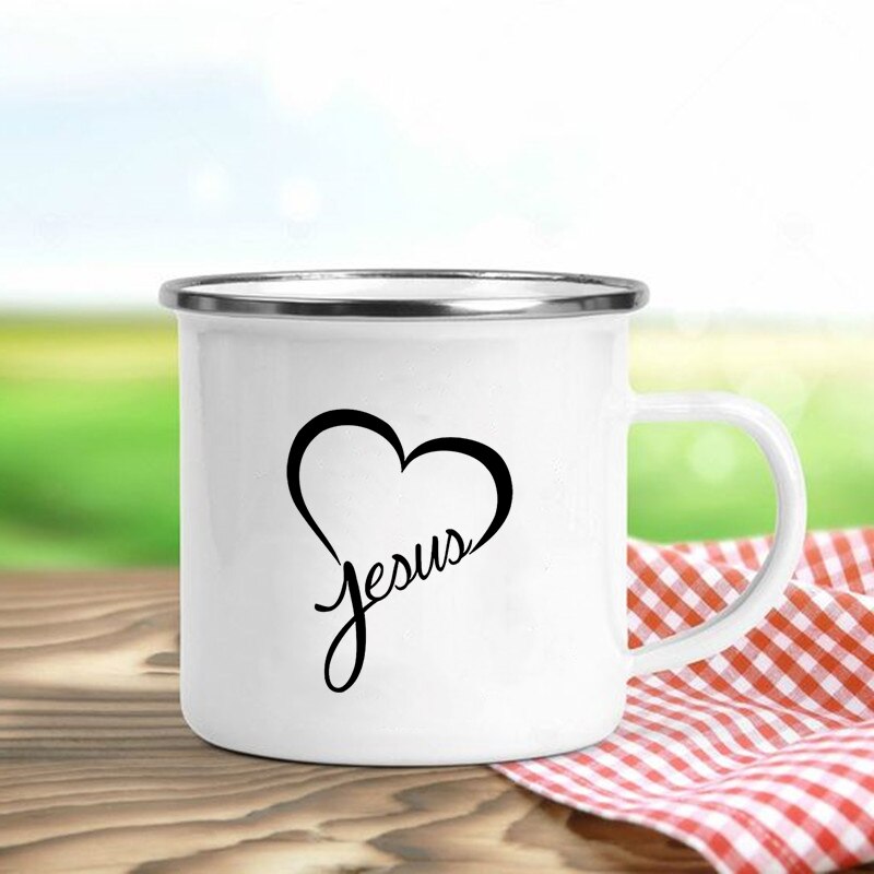 Jésus est dieu imprimer tasses en émail chrétien tasses à café boisson Dessert petit déjeuner lait tasse Vintage tasse poignée Drinkware