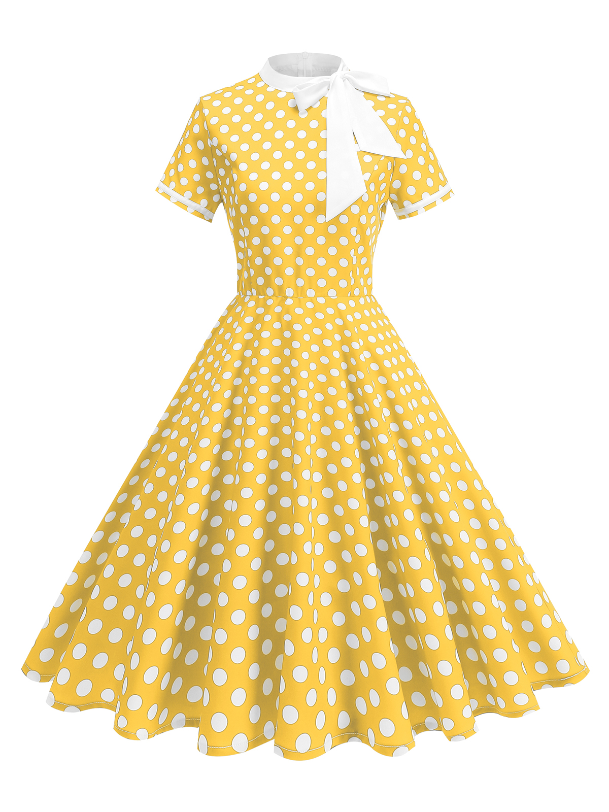 Tonval 1950s vintage fest fødselsdagskjole sommertøj til kvinder sløjfe hals polkaprikket print midi swingkjoler: L / Gul