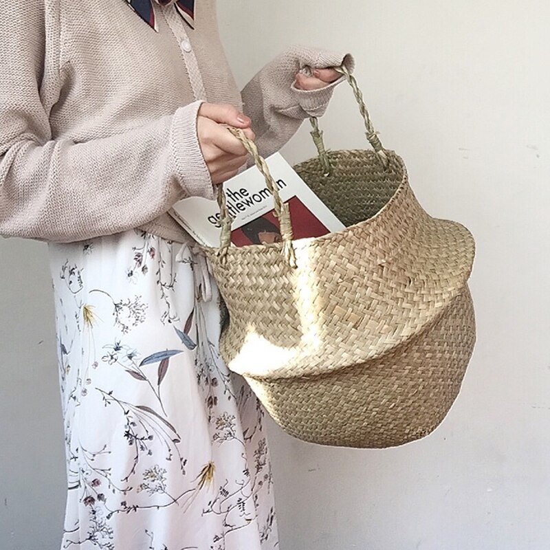 Seagrass Wickerwork Basket Foldable Flower Pots Planter Woven Dirty Laundry Baskets Hamper Fruit Toys Storage Basket Home Decor