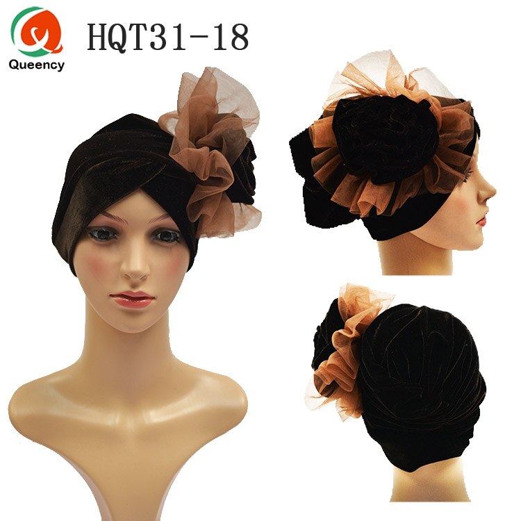 HQT31 Turban Nigeria cravate dames velours Tuban Gele casque musulman arabe Bonnet fleur chapeau pour mariage et fête: coffee