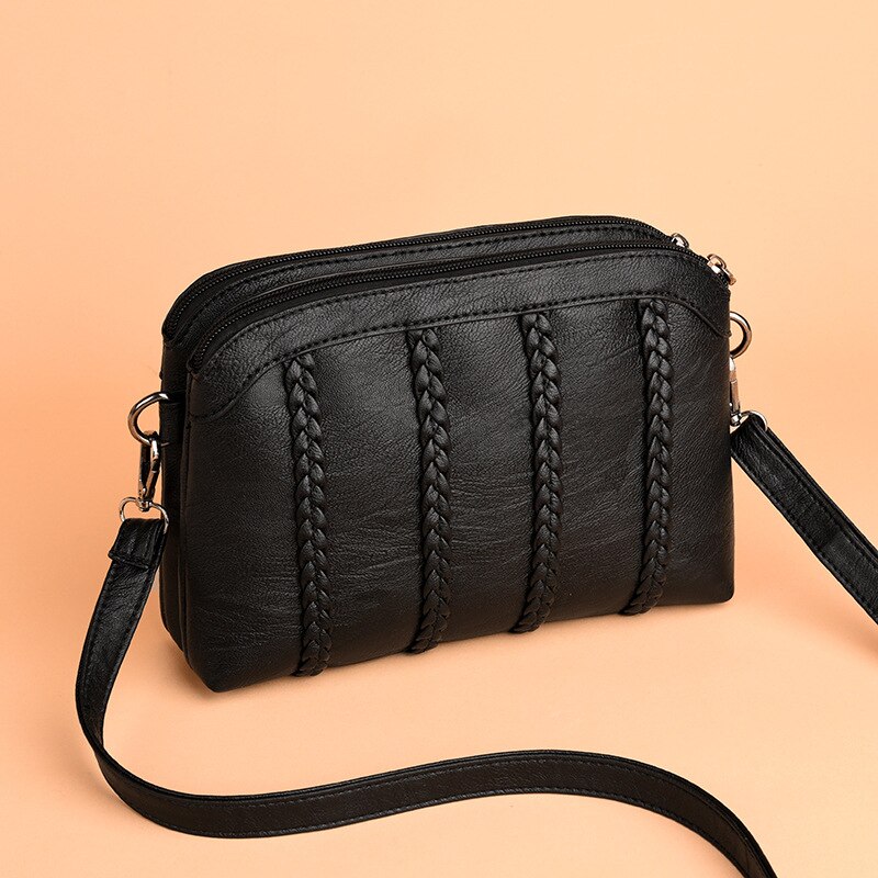 Casual Lady Crossbody Bags Women Soft PU Leather Shoulder Bags For Female Mother Small Black Striped Weave Pattern Messenger Bag: Default Title