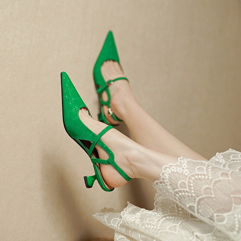 ZVQ Good Sandals Ladies Pointed Toe Mid Heel Genuine Leather Summer Pumps Office Lady Woman Outside Brand Shoes: green / 36