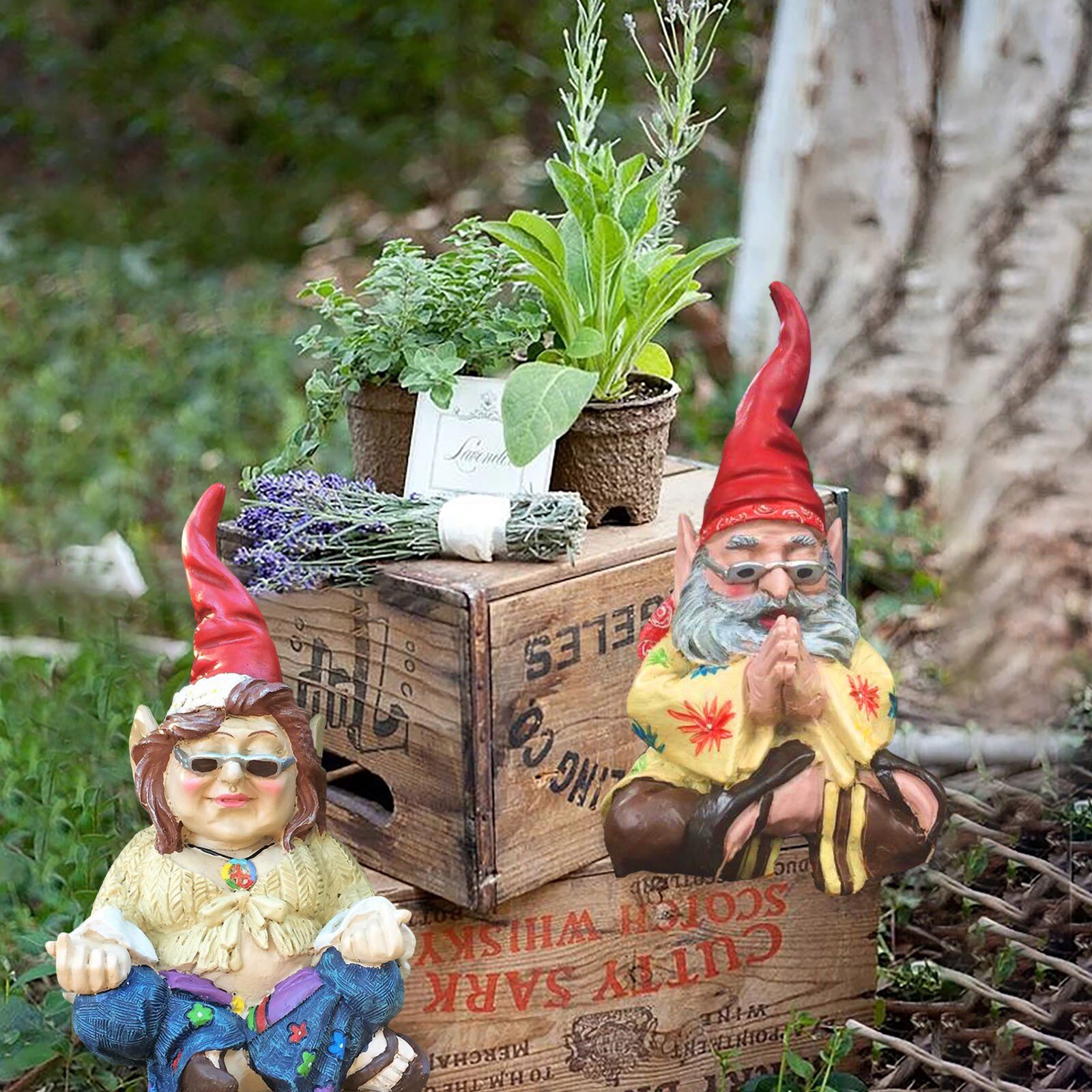 4 # Tuin Gnome Paar Standbeeld-Handgeschilderde Gnome Paar Standbeeld Van Yoga Meditatie Gnome Hars Standbeelden Binnenplaats boom Decoratie