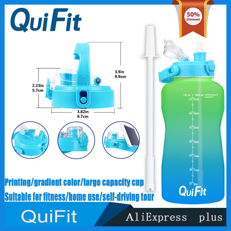 QuiFit water bottle 3.8L bouncing lid gallon water bottle cuptime stamp trigger no BPA, sports phone holder fitness water bottle: Grass green-blue