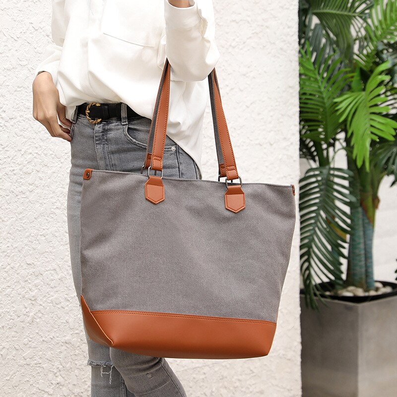 Bolso de lona a la para mujer, bolsa de lona de con contraste de color PU, informal, de gran capacidad