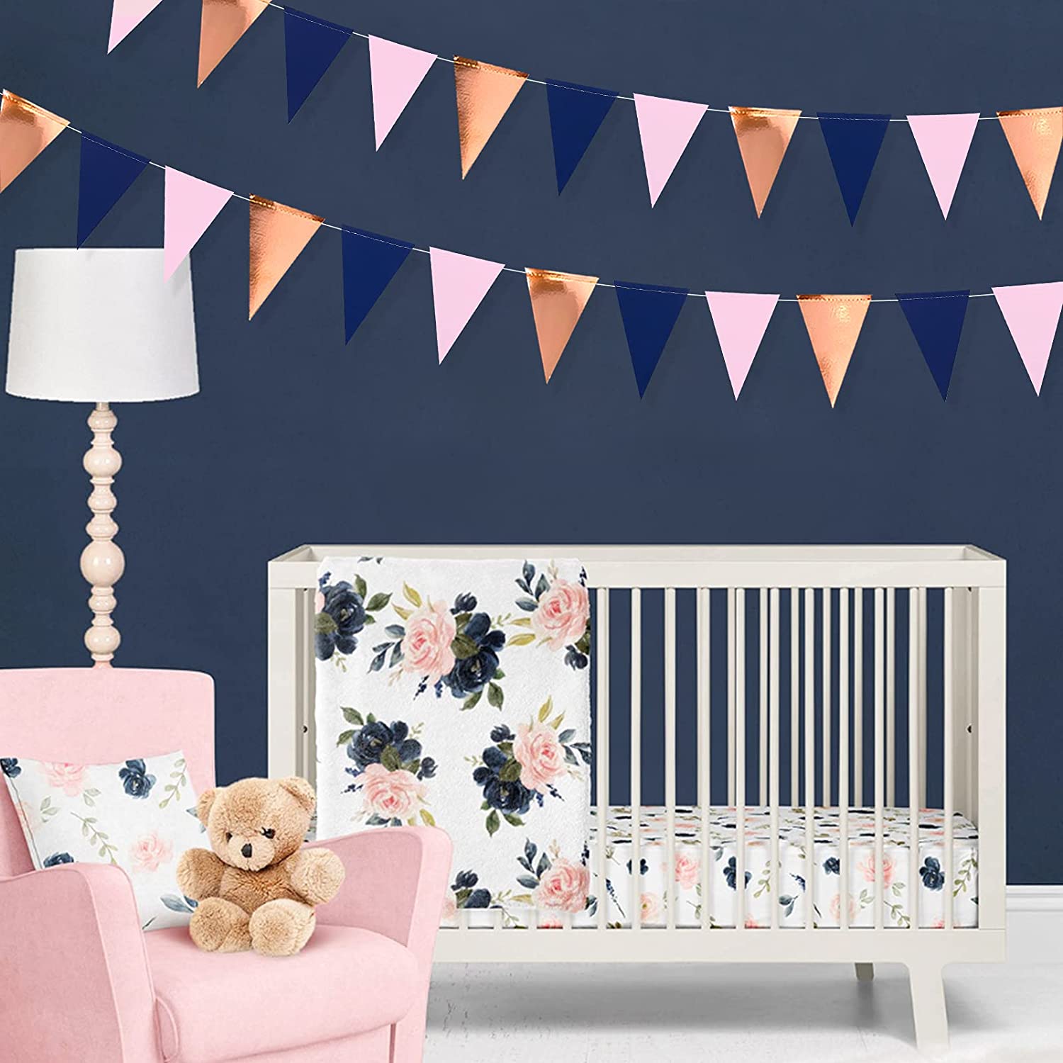 Guirnaldas de pancarta triangulares de papel para decoración, color azul marino, rosa, oro y rosa, para despedida de soltera, boda y ducha nupcial