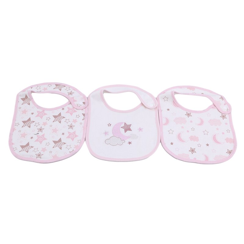 3 stuks / set baby slabbetjes met cartoon print, katoenen mix baby sjaal, maaltijdkraag, boertje, drukknoop baby slabbetjes: Ster maan