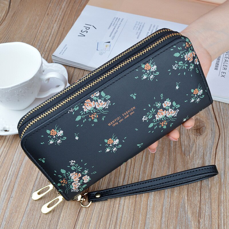 Luxury Double Zipper Women Wallets Large Capacity Long Clutch Bag Double Wallet Soft Leather Printing Change Mobile Bag: Black