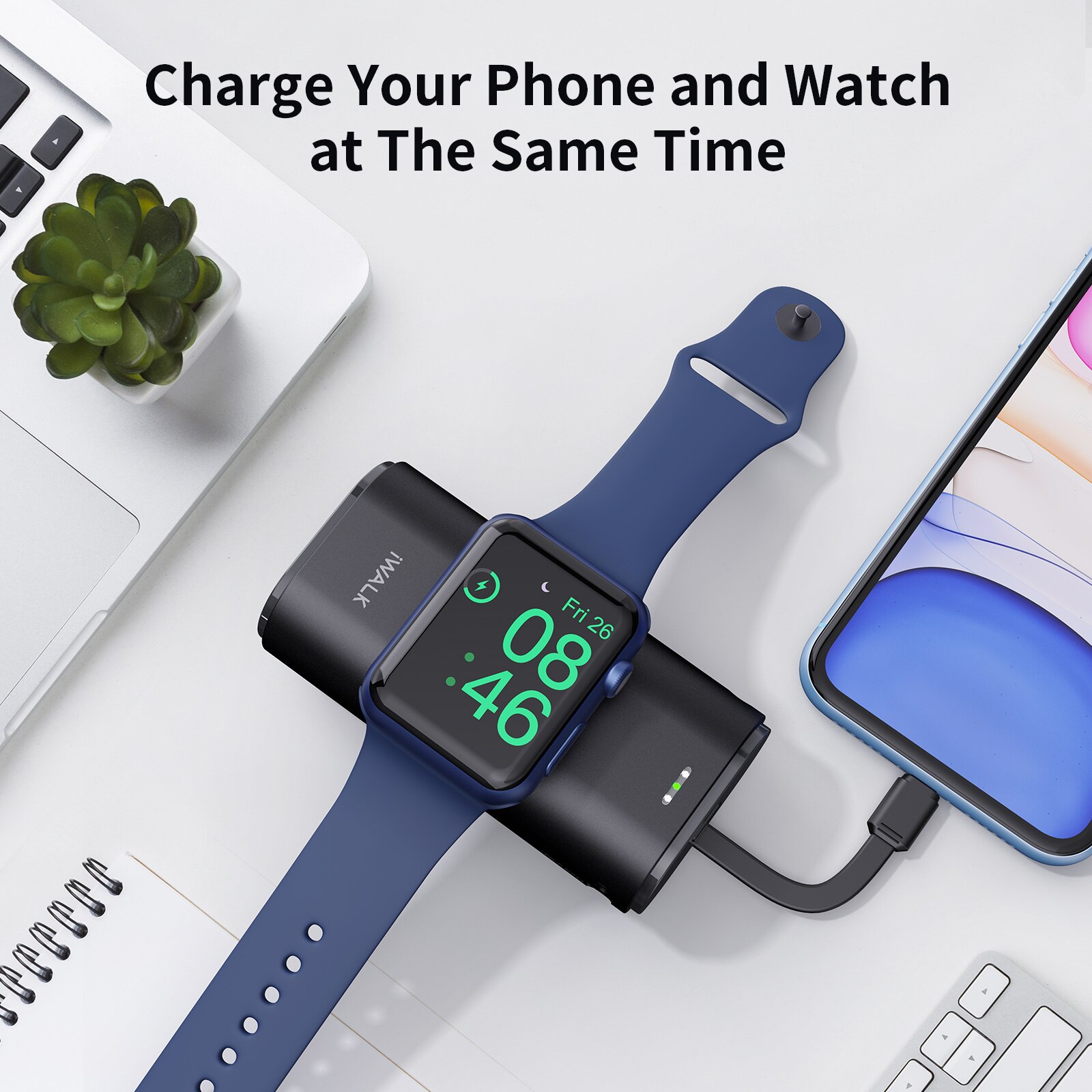 iWALK Portable Apple Watch Charger, 9000mAh Power Bank with Built in Cable, Apple Watch and Phone Charger, Compatible with Apple