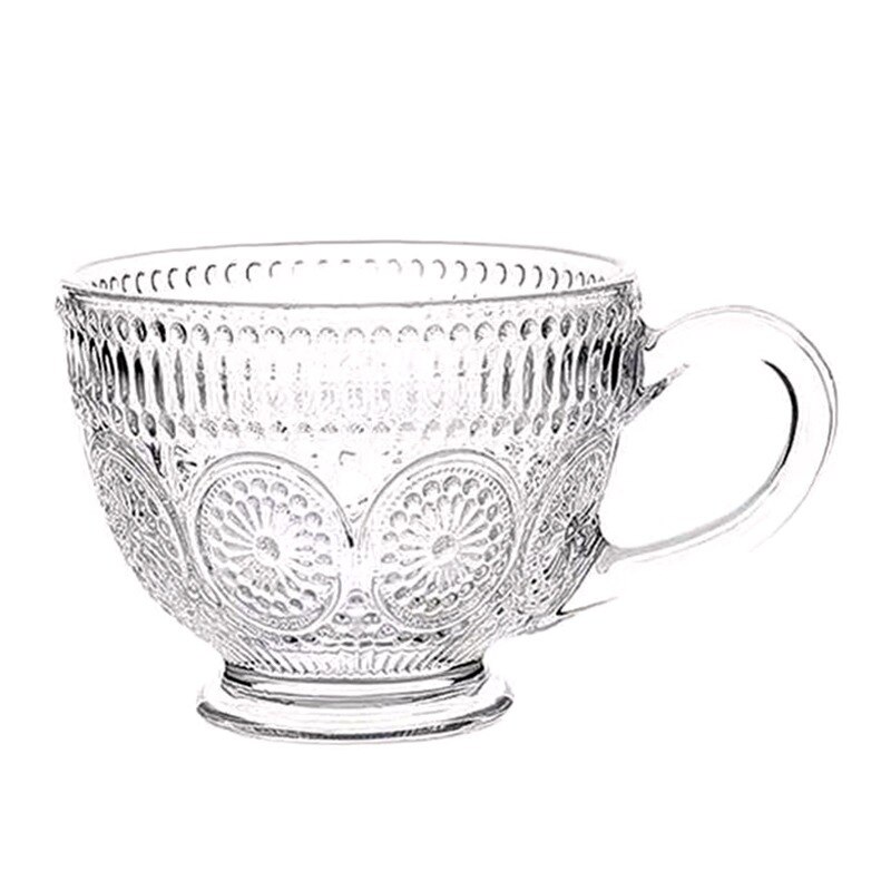 Embossed Sunflower Glass Cup Transparent Milk Breakfast Drinkware Water Cup with Handle Large-Capacity Oatmeal Mug