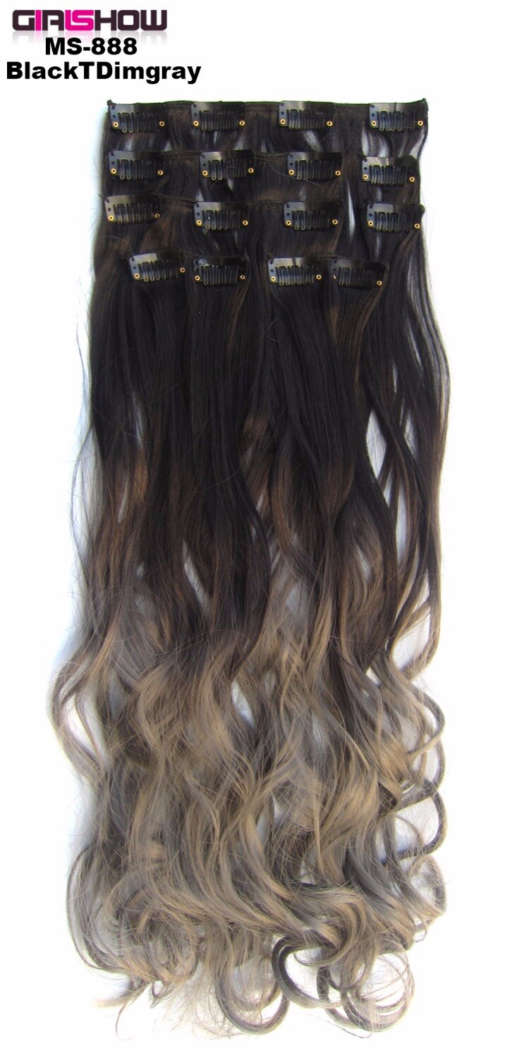 Girlshow Clip in on synthetic Dip dye Hair Extensions 7pcs/set 22" Long wavy Heat resistance fibre ombre Hair MS-888, 90g/set