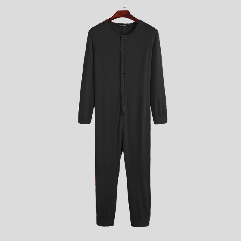 Leisure Heren Zomer Pyjama Jumpsuit Solid Nachtkleding Lange Mouwen Knop Nachtkleding O Neck Fitness Homewear Rompertjes Incerun S-5XL: Black / Xxl
