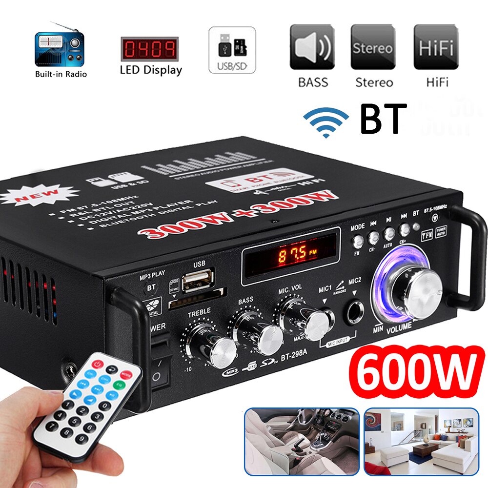 GAP-298A 600W Car Amplifier Audio Stereo Power BT FM Radio 2CH Home Theater AmpMini Amplificador