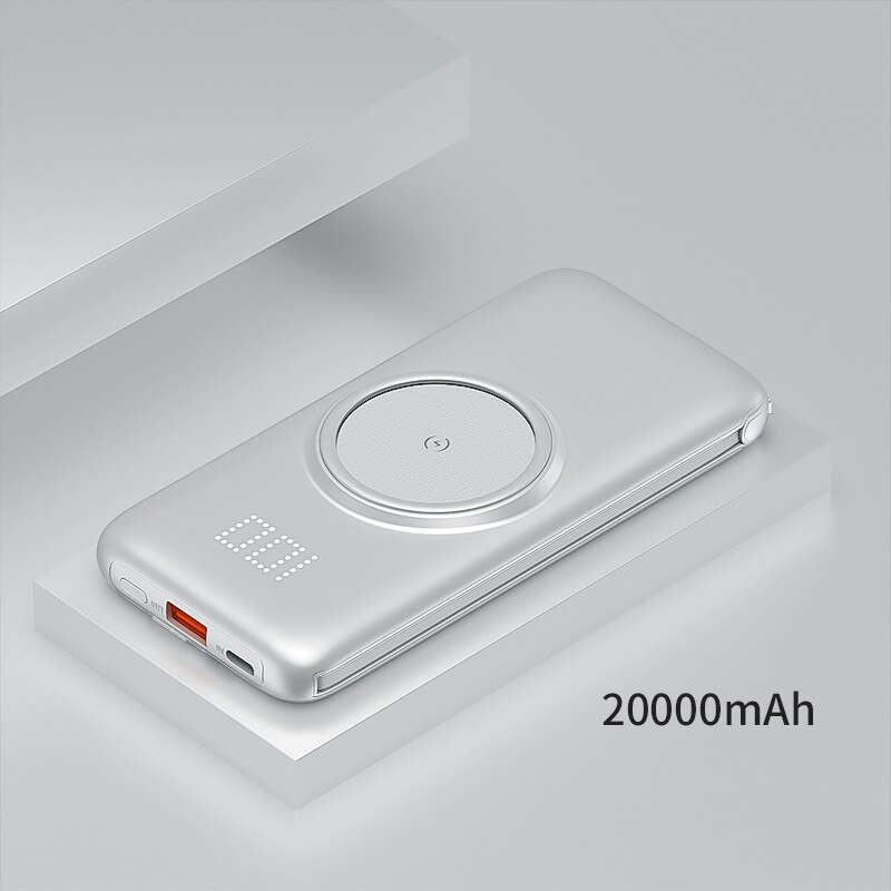 Wireless Power Bank 20000Mah Ingebouwde Kabel Draagbare Mobiele Telefoon Extra Batterij Oplader Voor Xiaomi Huawei Iphone Samsung: White 20000mAh