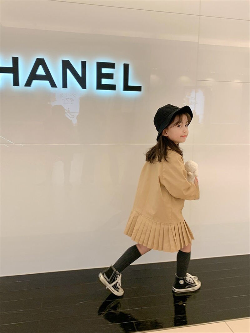 2022 Voorjaar Koreaanse Versie Kinderen Geplooide Rok Meisjes Jas Trendy Meisjes Mode Comfortabele Casual Mid-Lengte Trenchcoat