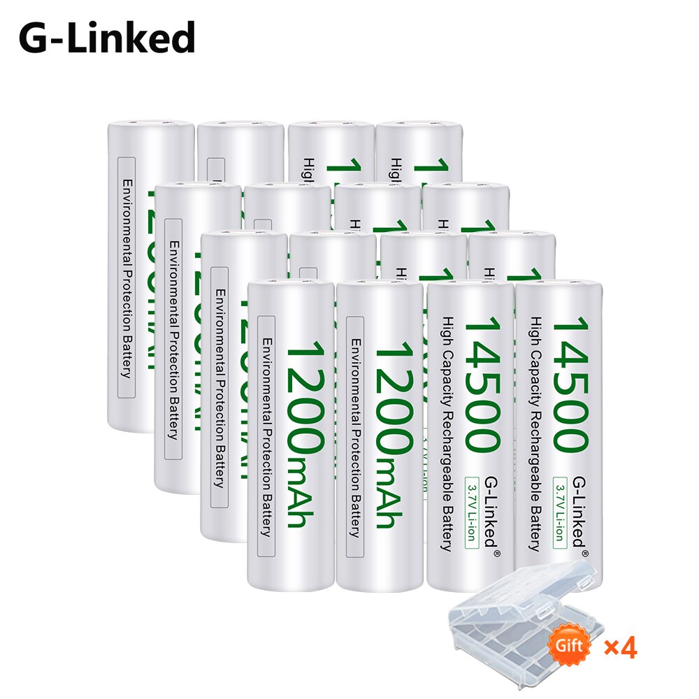 AA 14500 Lithium Battery 14500 3.7V 1200mAh Rechargeable Battery AA Battery for Gas Meter Alarm with Free Holder: 16pcs aa 3.7v 14500