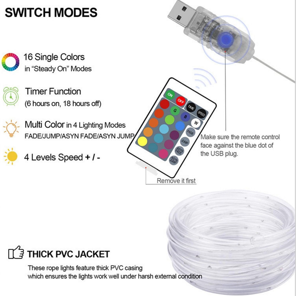 RGB LED Light Hose 5m 10m 20m USB Fairy LED String+Remote Control Waterproof Garland Light for Christmas Year Garden Decor