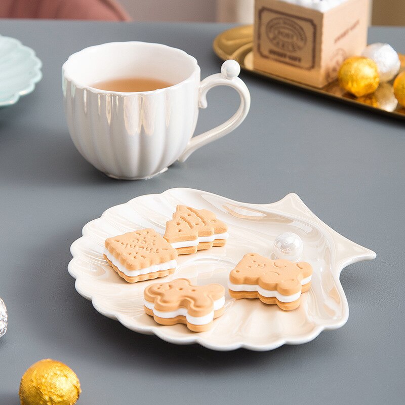 Taza y platillo de perlas de concha hermosa para café, té, vajilla de cerámica para cocina y oficina, elegantes de café de cumpleaños y boda, 240ml