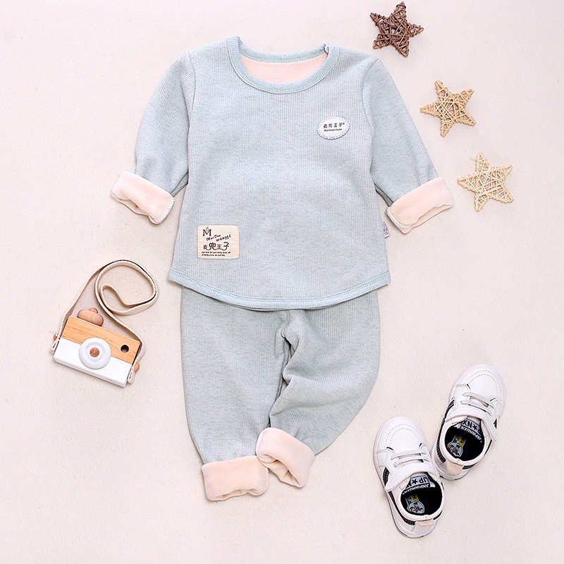 Winter Effen Kleur Katoen Kinderen Pyjama Sets Warm Baby Meisjes Jongens Kleding Jongen Meisje Plus Fluwelen Dikke Kids Nachtkleding: Sky Blue