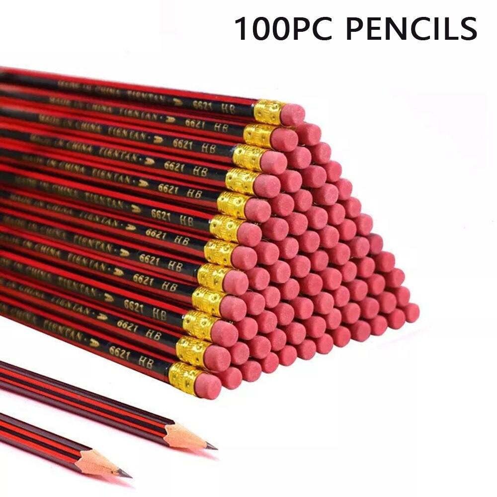 20/30/50/100Pcs /Lot Sketch Pencil Wooden Lead Pencils HB Pencil With Eraser Children Drawing Pencil School Writing Stationery: HB 100pcs