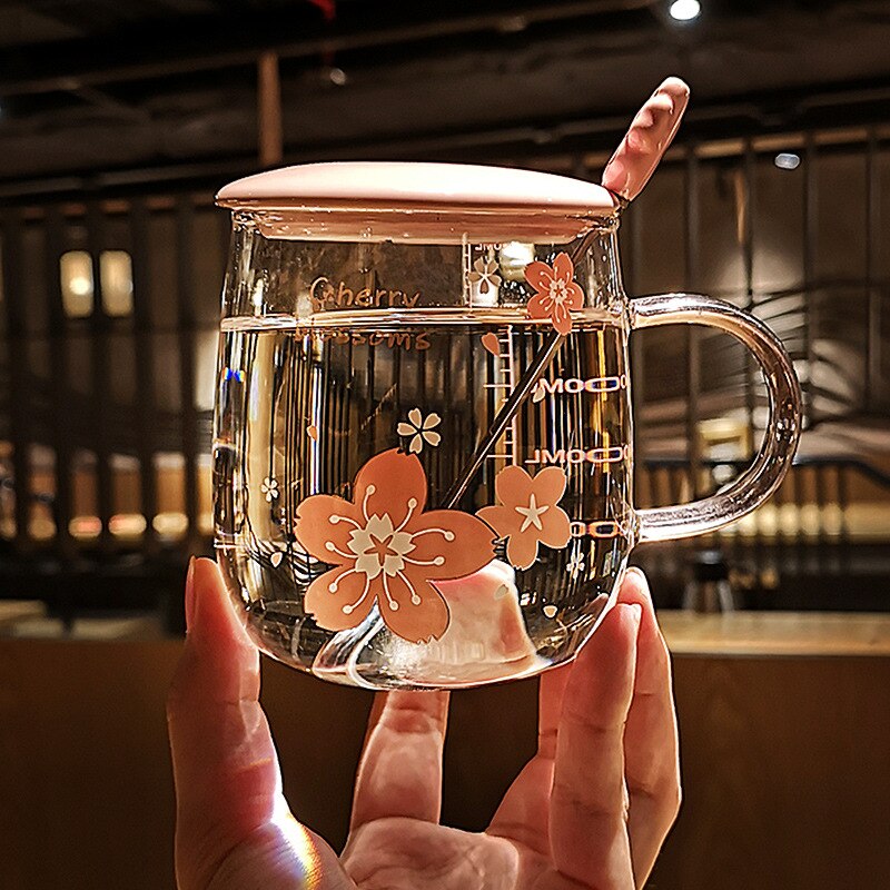 Taza de café de cristal con flor de cerezo, vaso con cuchara, amantes de la personalidad, para café, zumo, té, desayuno, utensilio para bebidas, 500ml: A