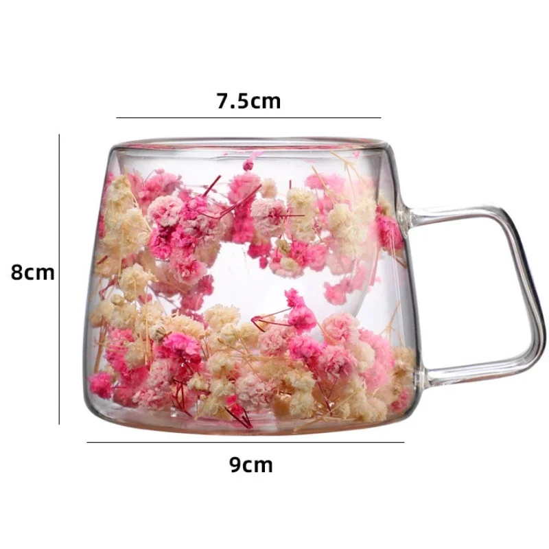 Transparent Glass Heat Insulation 200ML Coffee Cup with Handle Double Wall Dry Flowers Style High Temperature Juice Milk Mug