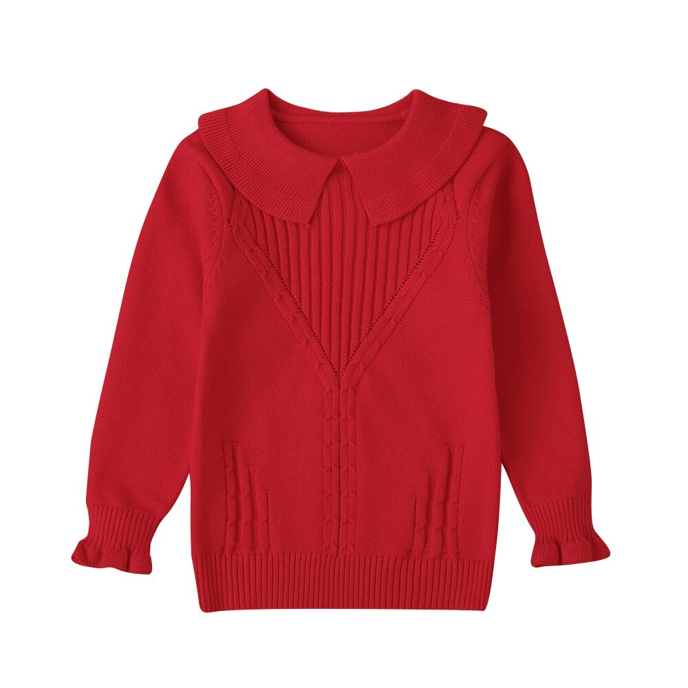Winter freundlicher lässig Baumwolle Gestrickt Lange Ärmel O Hals Drehen-unten Kragen rot Feste Beiläufige Baby Mädchen T-Shirt 0-2T
